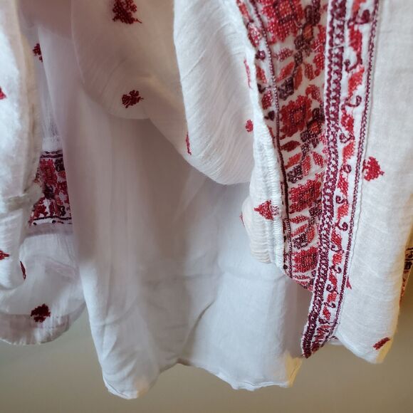 Joie White M Cotton Sun Dress with Red Floral Embroidery Boho Vacation Beach - Picture 5 of 11